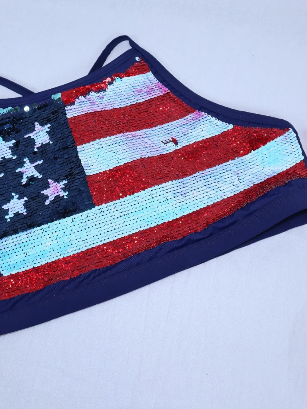 Justice Kid's Size 20 plus American Flag Flip Sequins Swim Top Red/White/Blue